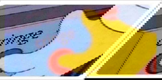 Desenho de um dedo amarelo apertando um botão vermelho escrito Cringe