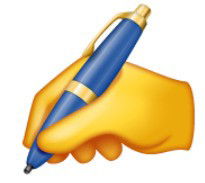 emoji de mão amarela segurando caneta azul e douurada