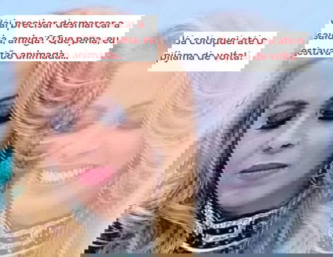 memes - Imagem da cantora Joelma duplicada, à frente ela traz uma imagem sólida, com uma expressão tristonha. Por trás, a imagem é mais transparente e traz um sorriso, indicando que a primeira é a que fala, e a segunda é o pensamento dela. Na primeira, há a frase “Vai precisa desmarcar a saída, amiga? Que pena, eu estava tão animada...". Na segunda imagem, há a frase “Já coloquei até o pijama de volta”