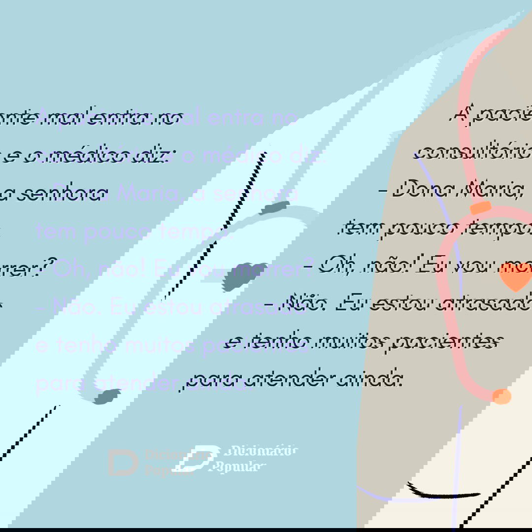 Ilustração de metade de um jaleco em fundo azul claro com piada em fonte azul escuro.