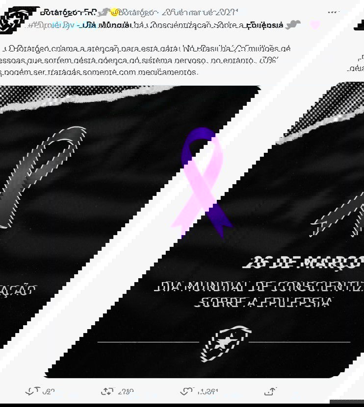 Tweet do time de futebol carioca Botafogo sobre o Purple Day, dia de conscientização sobre a Epilepsia