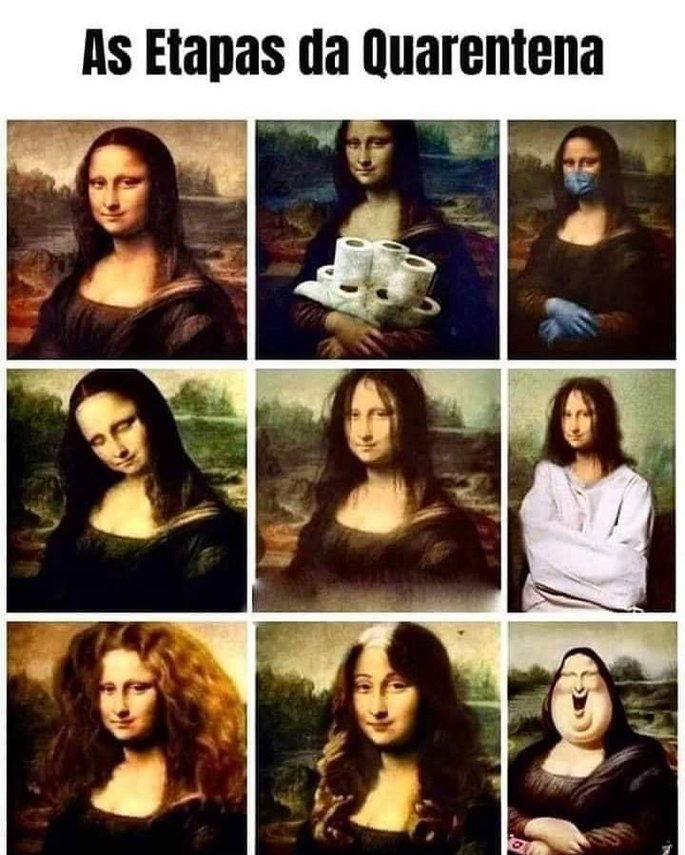 Meme iusando a pintura Monalisa para ilustrar as etapas da quarentena