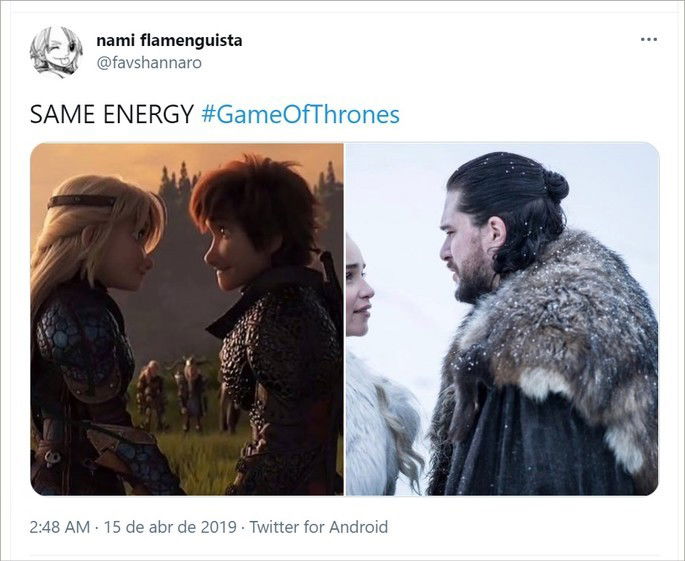 Tweet sobre o meme Same energy com casal de Game of Thrones e casal de desenho animado